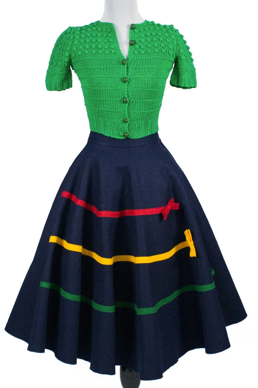 1950s Vintage Childrens Navy Felted Wool Full Circle Skirt w/ Bows