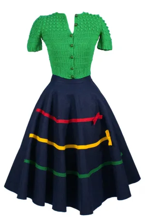 1950s Vintage Childrens Navy Felted Wool Full Circle Skirt w/ Bows