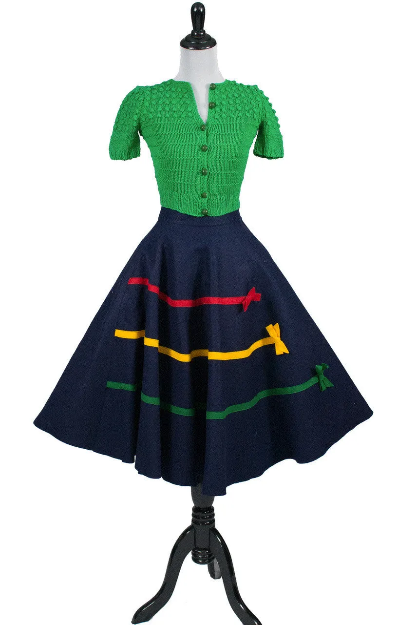 1950s Vintage Childrens Navy Felted Wool Full Circle Skirt w/ Bows