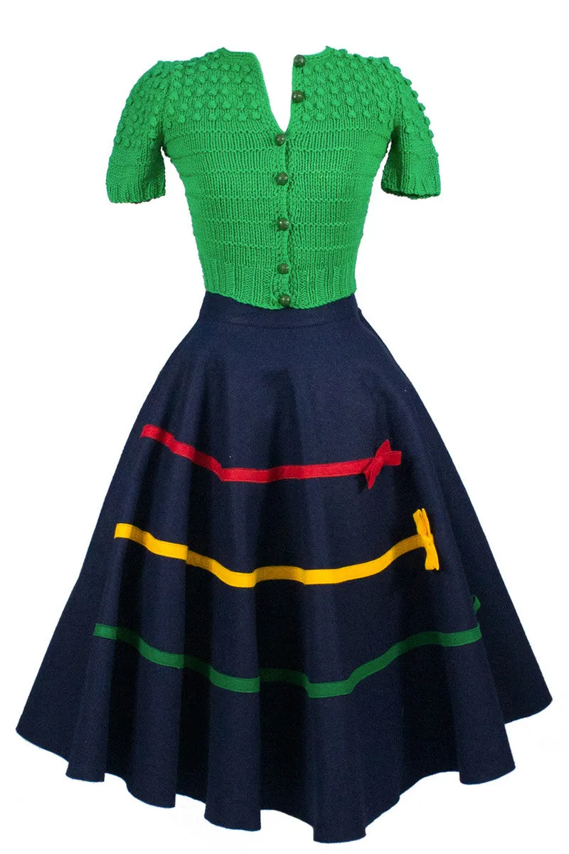 1950s Vintage Childrens Navy Felted Wool Full Circle Skirt w/ Bows
