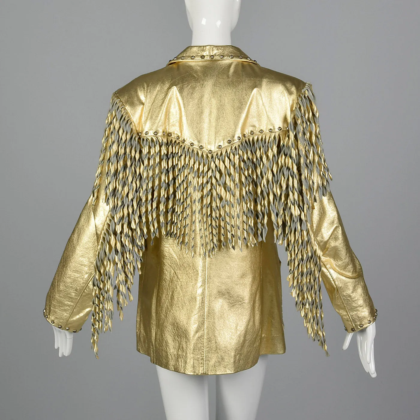 1980s Metallic Gold Leather Coat with Fringe Trim