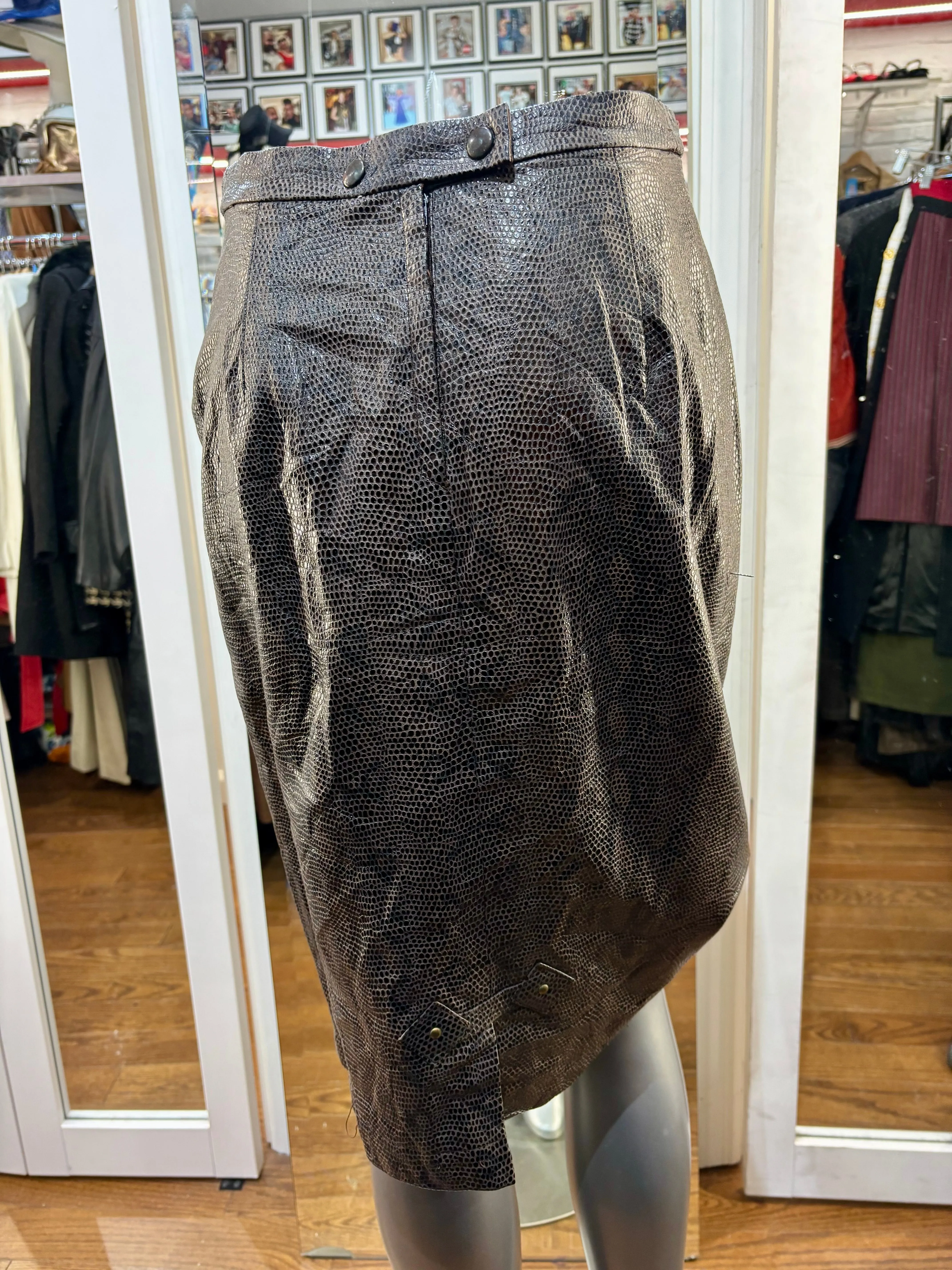 90’s Dark Green Pattern Leather Pencil Skirt By Sartoria L Calderan