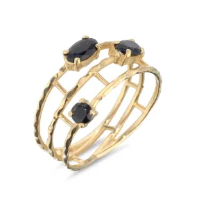 9kt Gold Three Row Black Spinella Wire Ring
