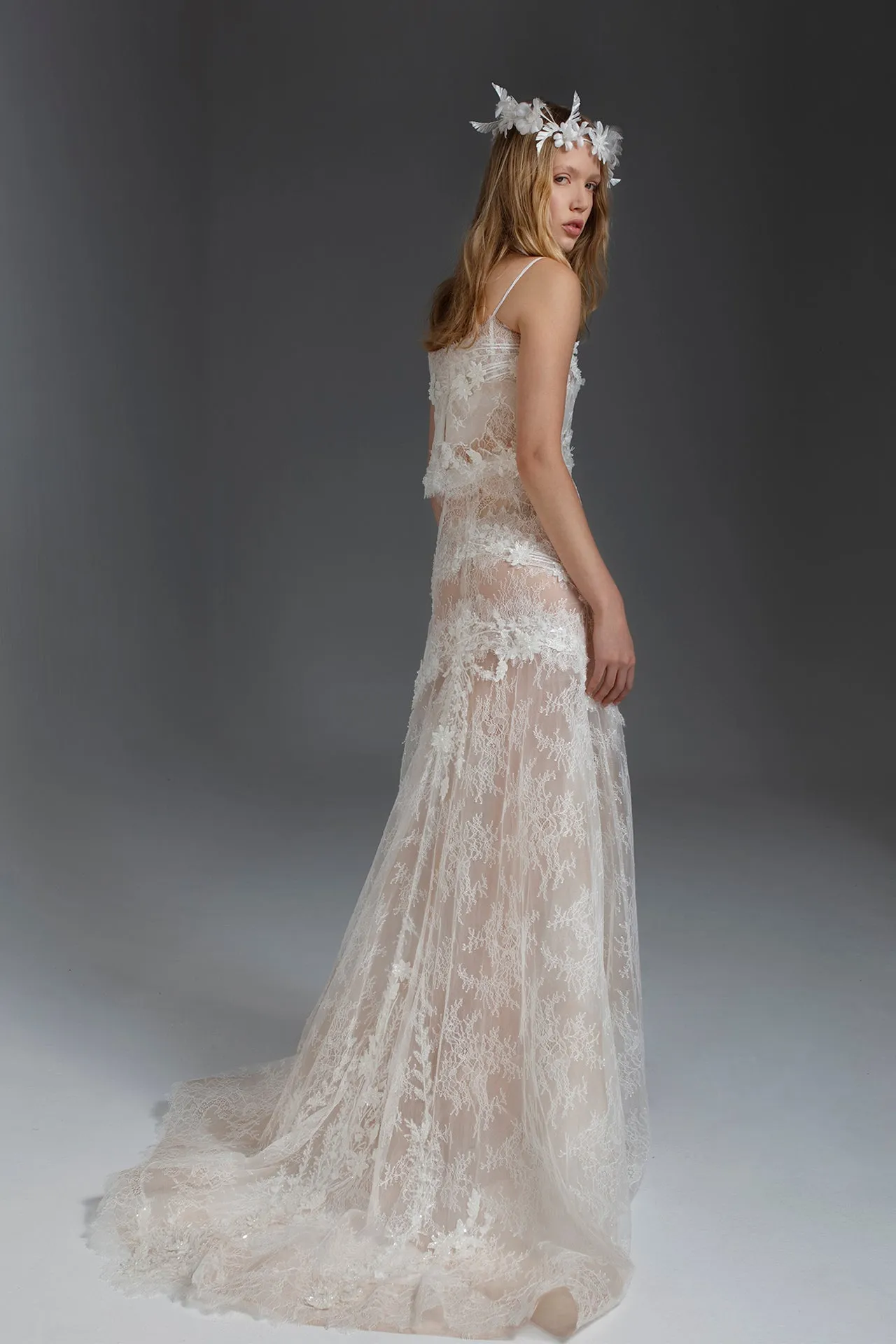 A-Line Wedding Dress with Lingerie-Style Bodice, and Transparent Layered Skirt