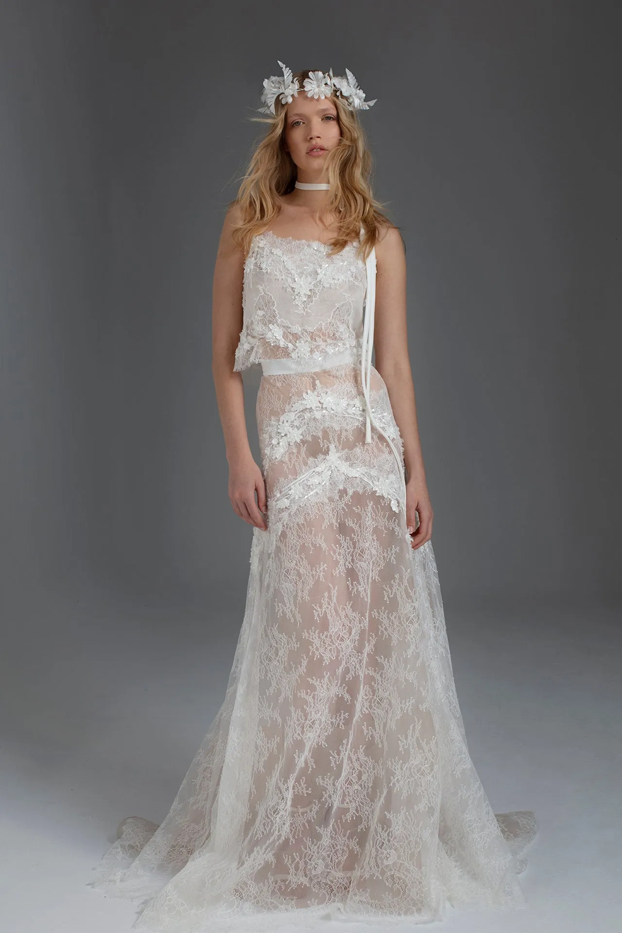 A-Line Wedding Dress with Lingerie-Style Bodice, and Transparent Layered Skirt