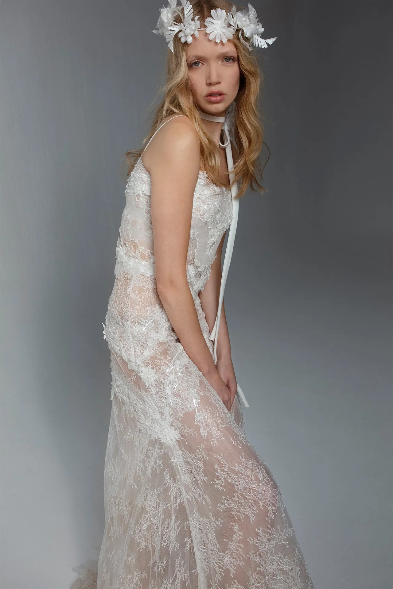 A-Line Wedding Dress with Lingerie-Style Bodice, and Transparent Layered Skirt