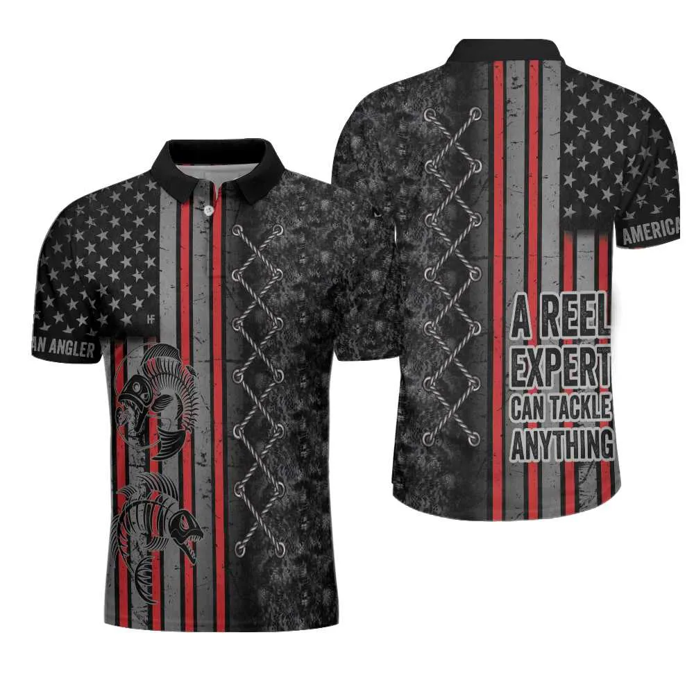 A Reel Expert Can Tackle Anything Camouflage Polo Shirt, American Flag Polo Shirt For Men, Crazy Fishing Shirt