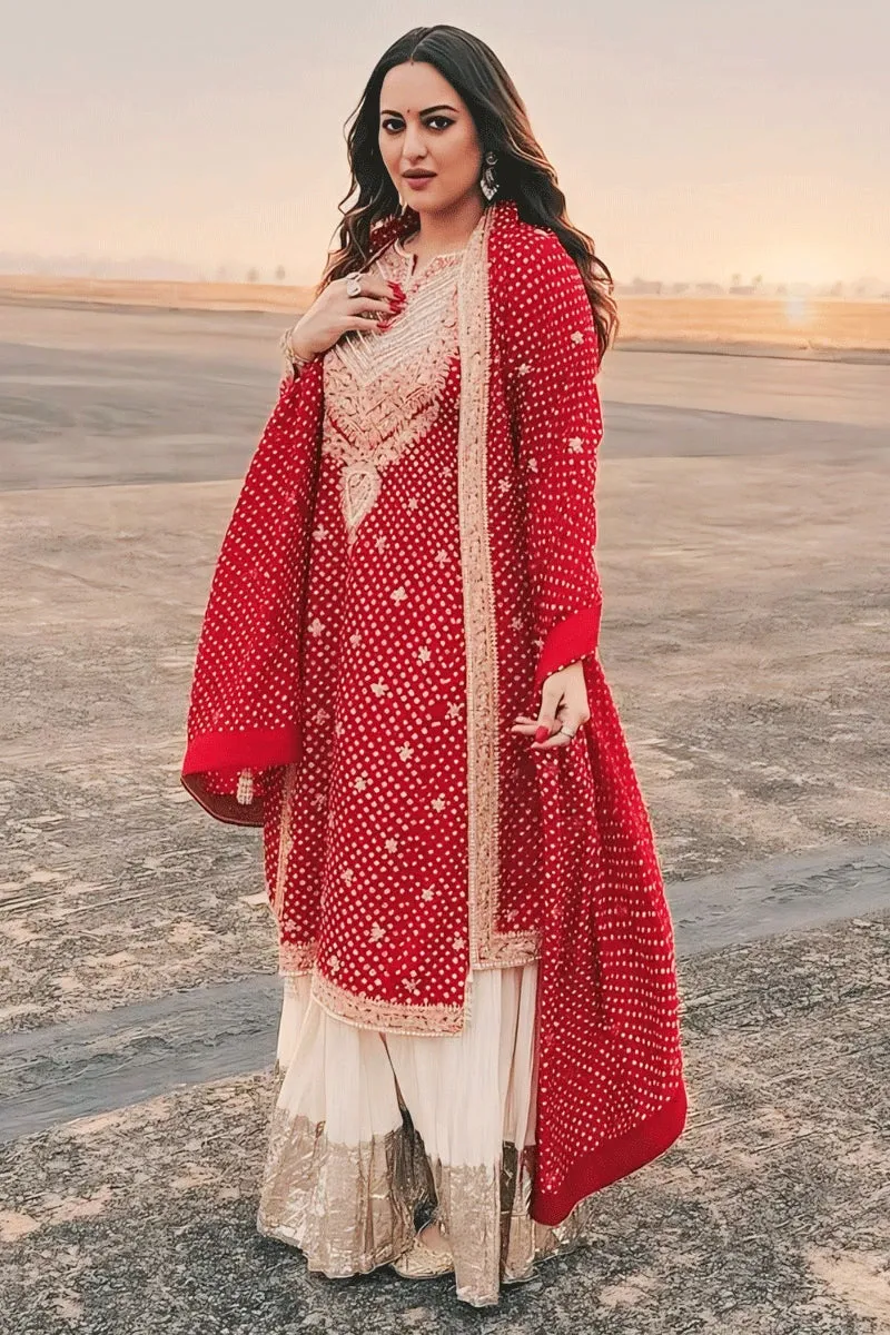 Actress Sonakshi Sinha Red Color Sharara Set For Wedding