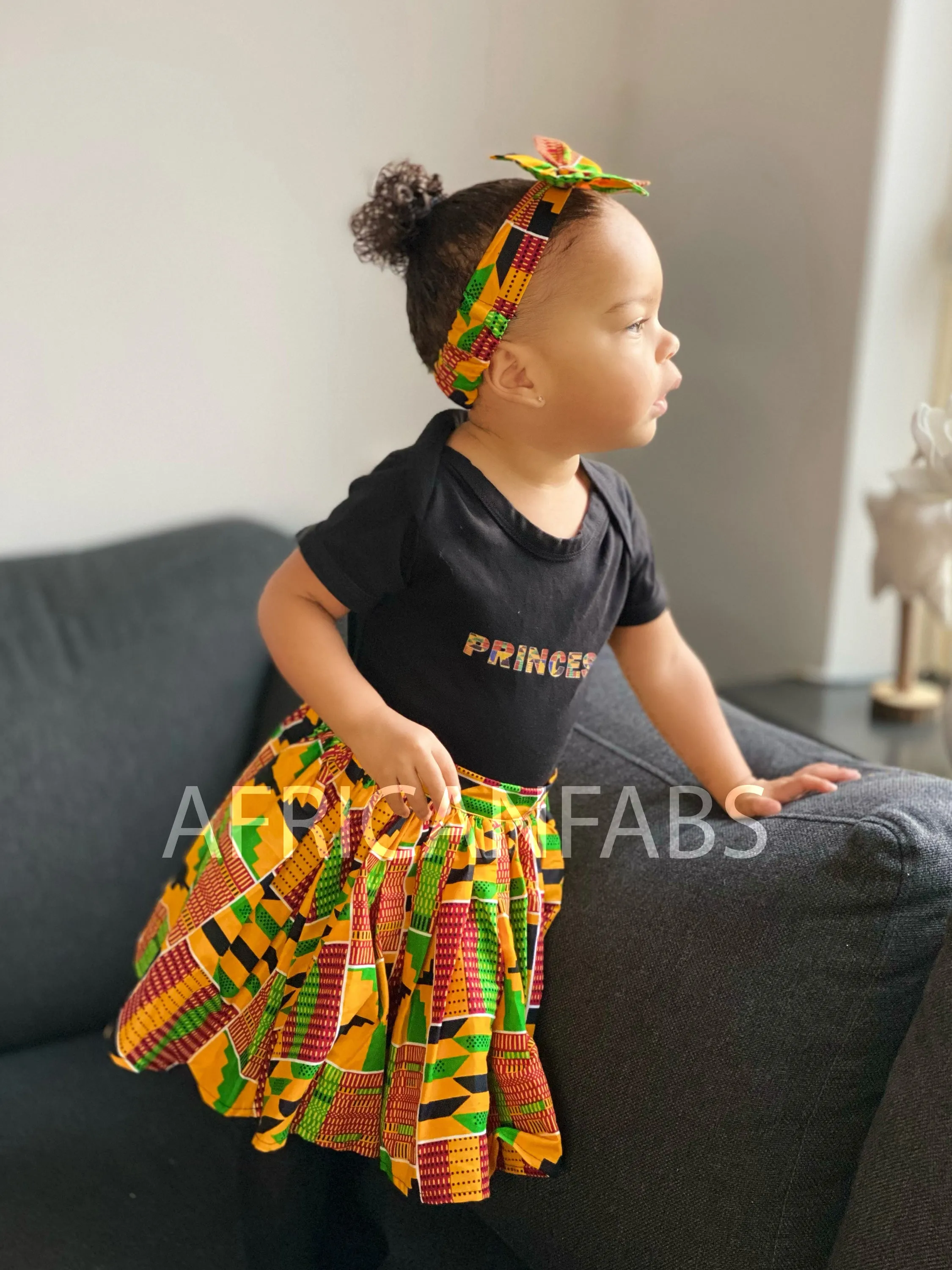 African print Kids Skirt   Headtie with Bow set in Kente print ( 1 - 10 years )