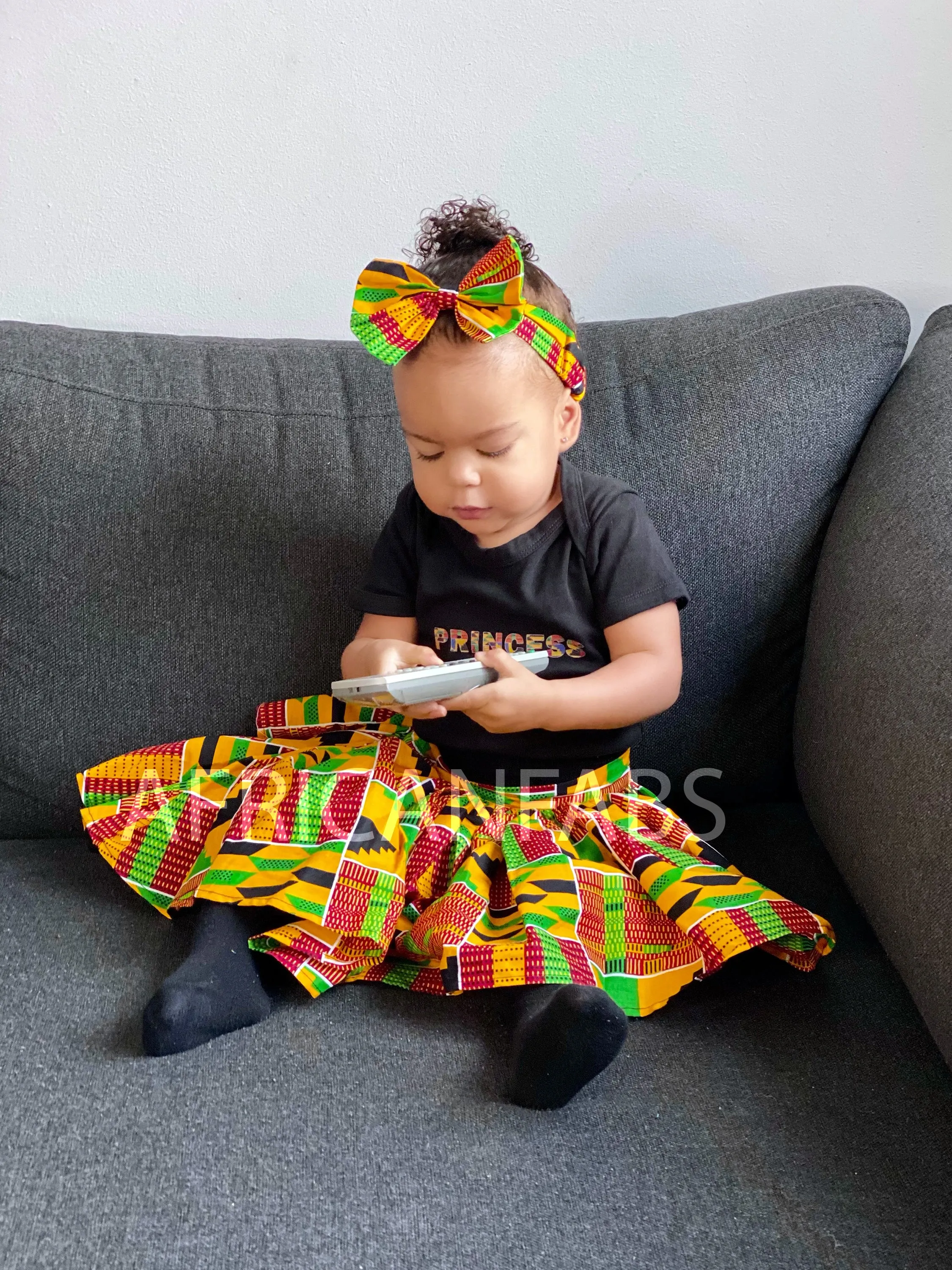 African print Kids Skirt   Headtie with Bow set in Kente print ( 1 - 10 years )