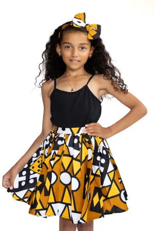 African print Kids Skirt   Headtie with Bow set - Mustard Yellow Samakaka ( 1 - 10 years )