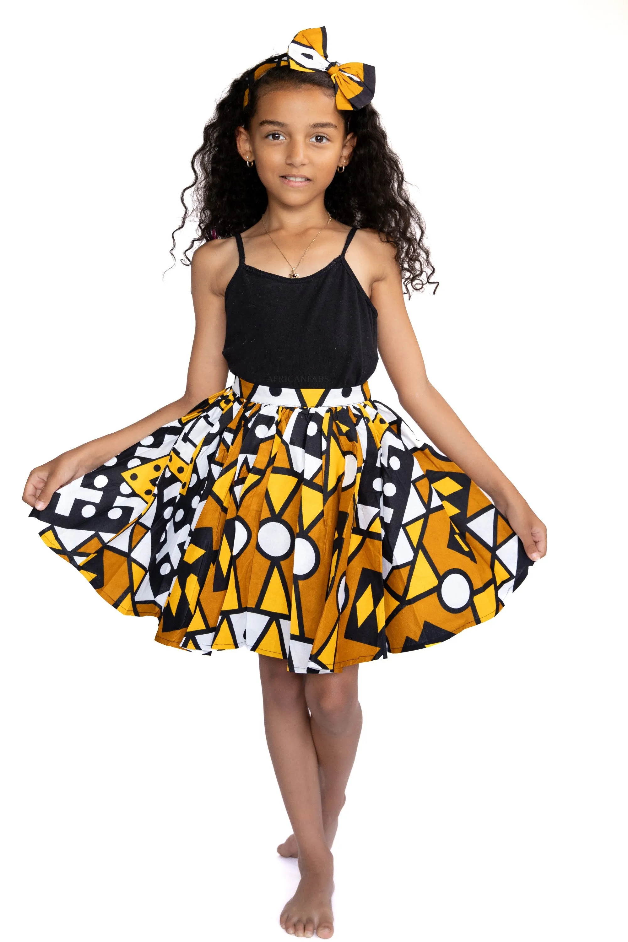 African print Kids Skirt   Headtie with Bow set - Mustard Yellow Samakaka ( 1 - 10 years )