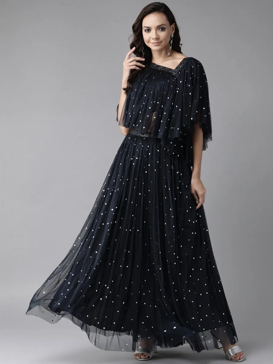 Ahalyaa Navy Blue & Silver Foil Print Layered Top with Skirt