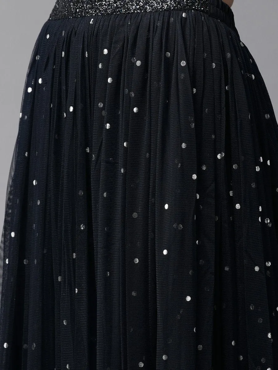 Ahalyaa Navy Blue & Silver Foil Print Layered Top with Skirt