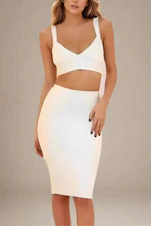 Ang Bandage Top and Knee Length Skirt Set - Pearl White