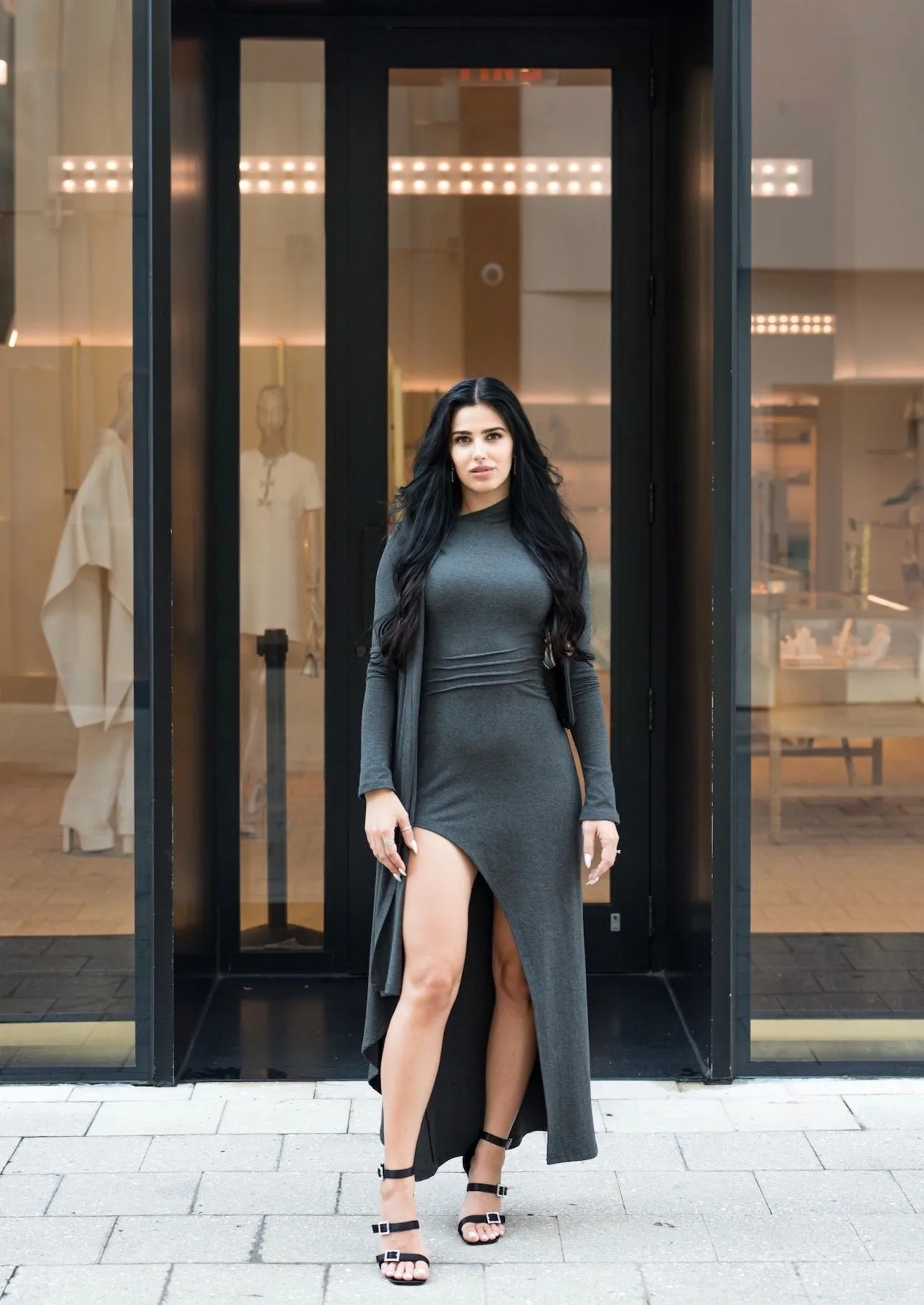 Angeliki Maxi Knit Dress Long Sleeves with Cape - Gray