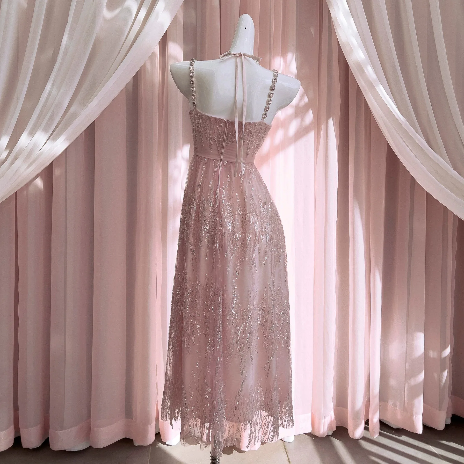 Anna~High-end Luxury Lolita JSK Pink Halter Neck Wedding Lolita Dress
