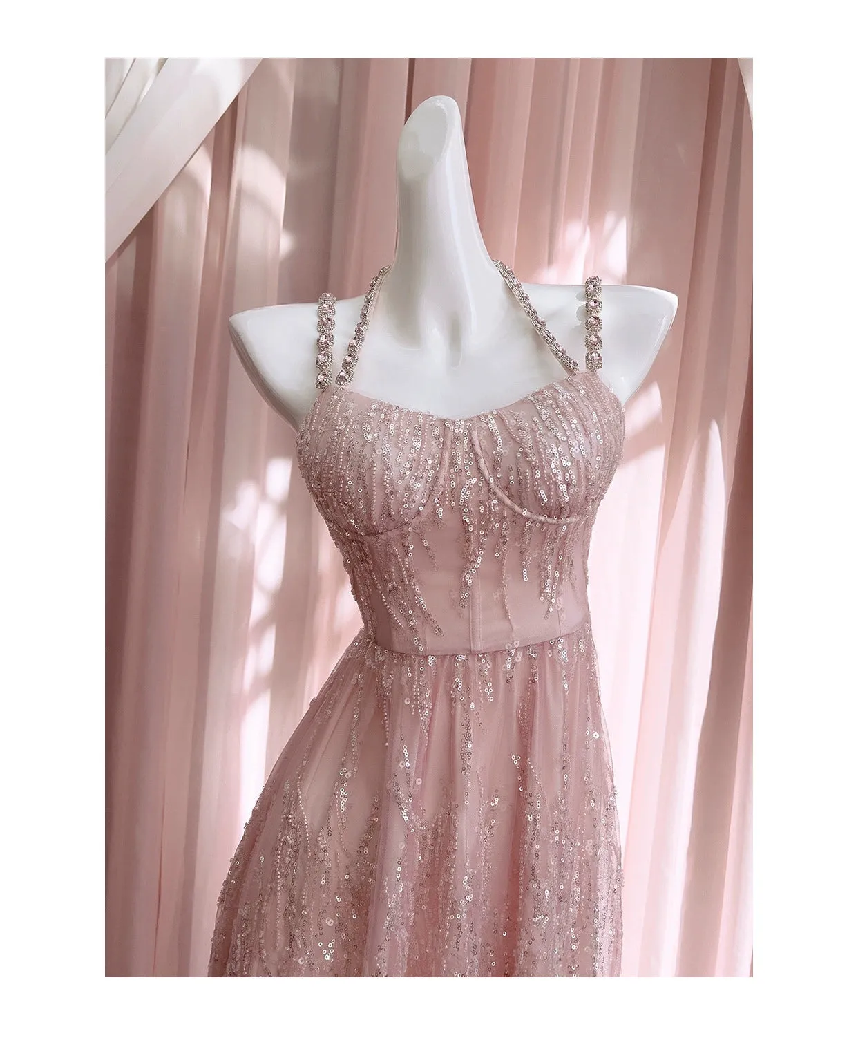 Anna~High-end Luxury Lolita JSK Pink Halter Neck Wedding Lolita Dress