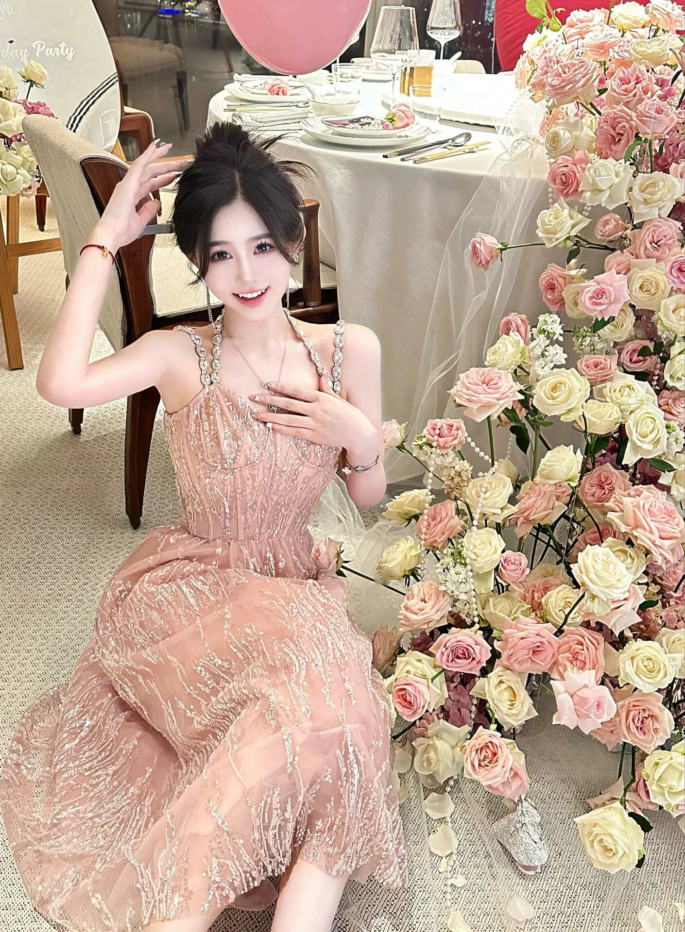 Anna~High-end Luxury Lolita JSK Pink Halter Neck Wedding Lolita Dress