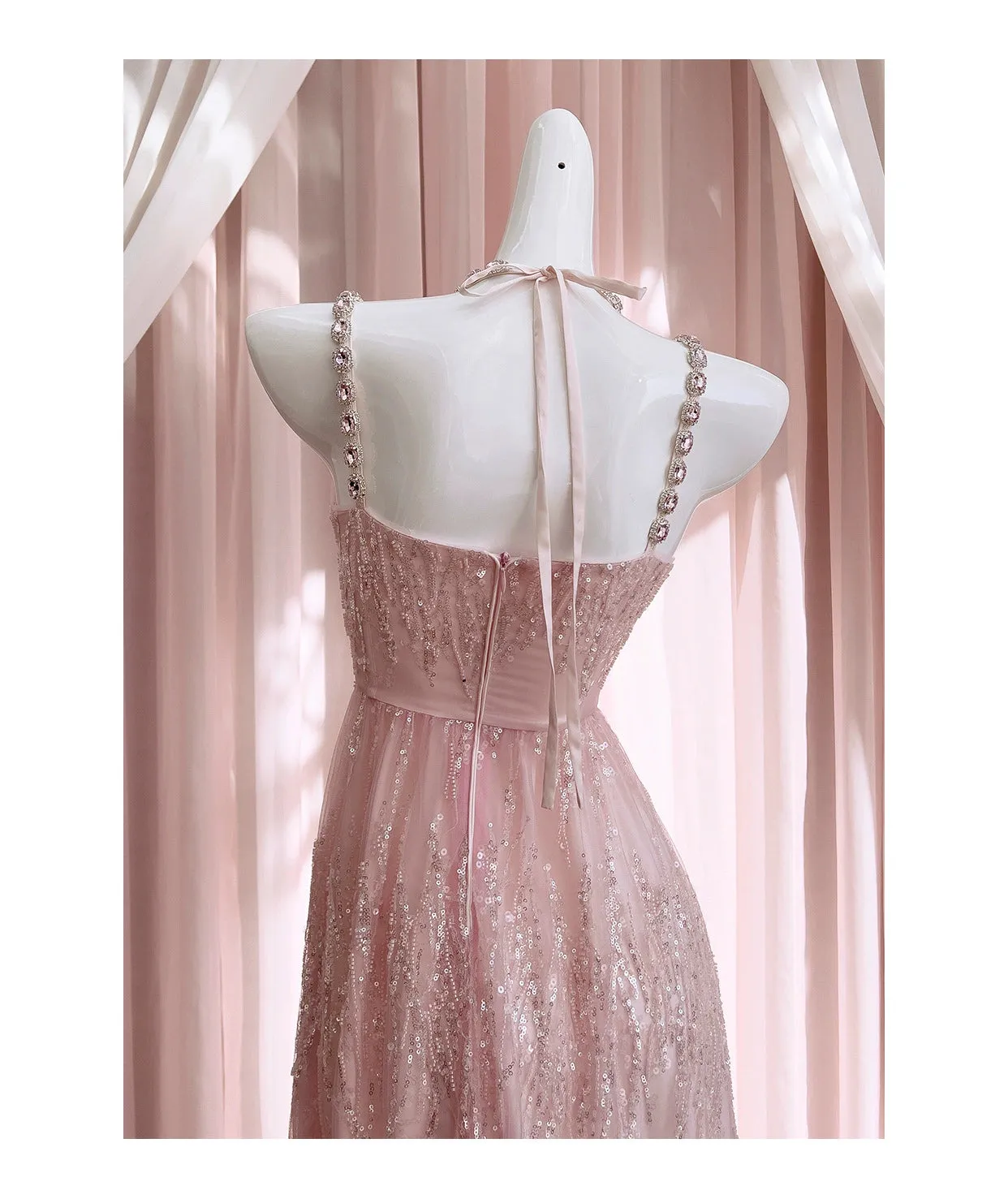 Anna~High-end Luxury Lolita JSK Pink Halter Neck Wedding Lolita Dress