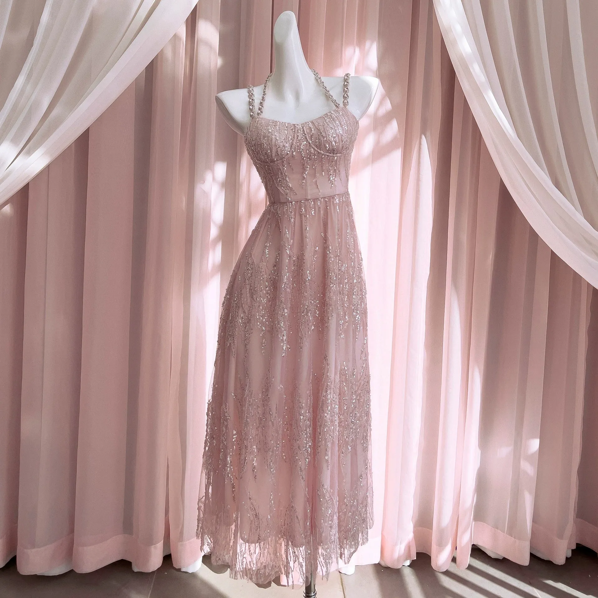 Anna~High-end Luxury Lolita JSK Pink Halter Neck Wedding Lolita Dress
