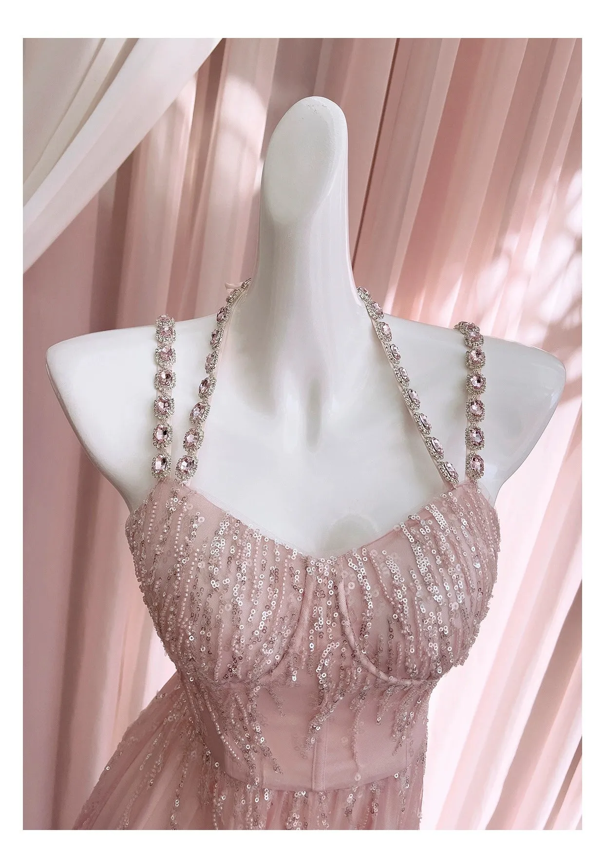 Anna~High-end Luxury Lolita JSK Pink Halter Neck Wedding Lolita Dress