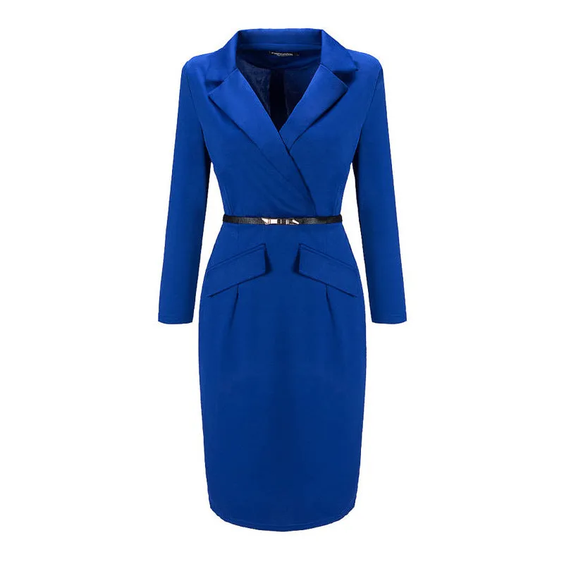 Autumn and winter women's long-sleeved suit collar pencil skirt with belt bodycon dress