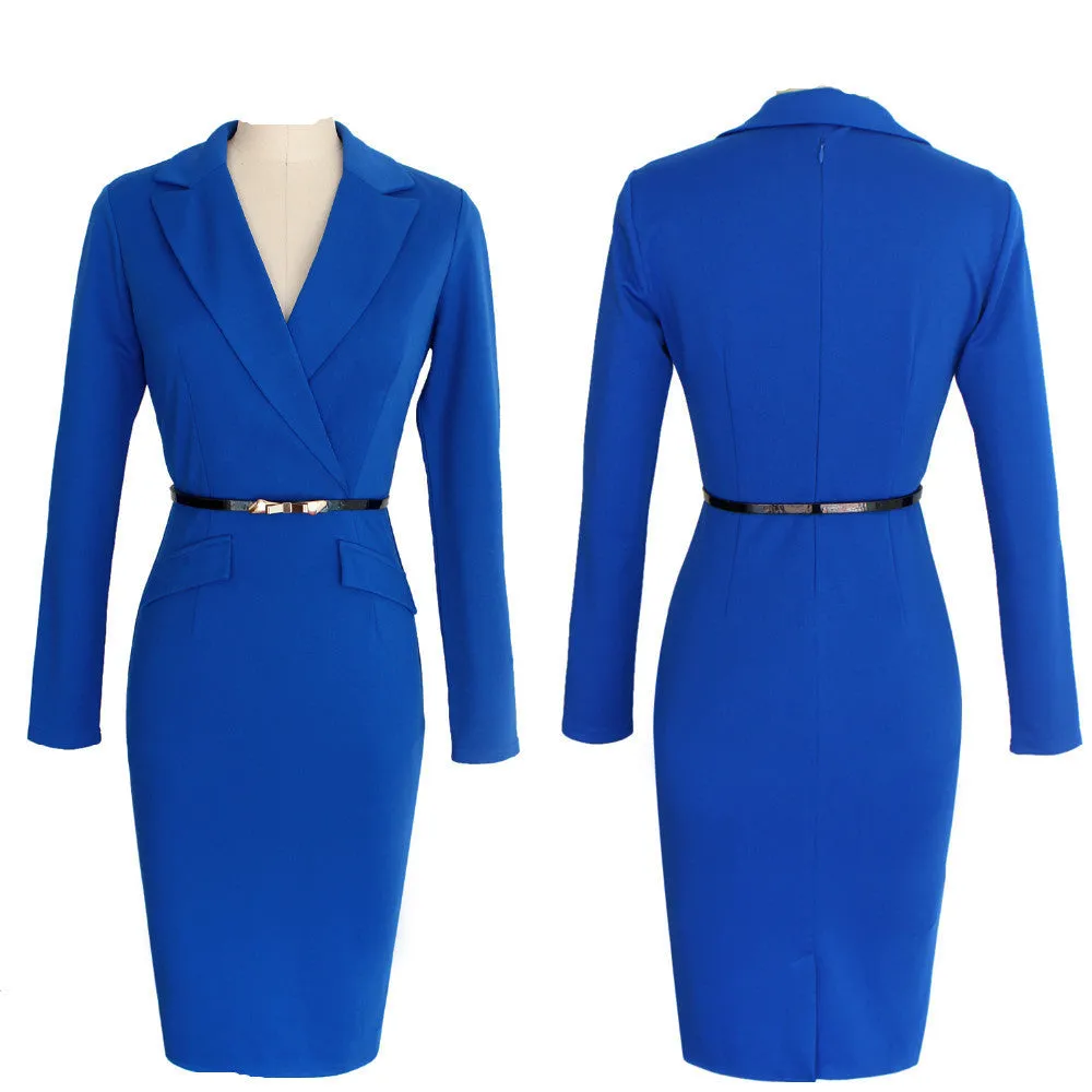 Autumn and winter women's long-sleeved suit collar pencil skirt with belt bodycon dress
