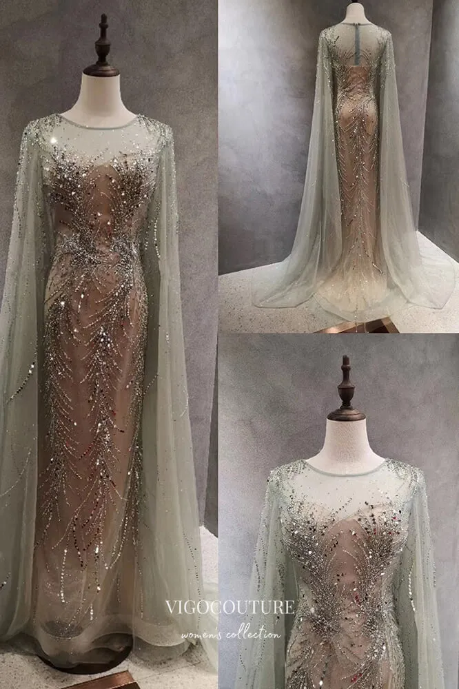 Beaded Mermaid Formal Dresses Removable Cape Sleeve Prom Dress 21629