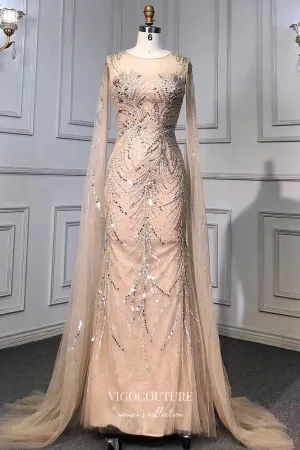 Beaded Mermaid Formal Dresses Removable Cape Sleeve Prom Dress 21629