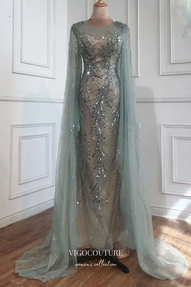 Beaded Mermaid Formal Dresses Removable Cape Sleeve Prom Dress 21629