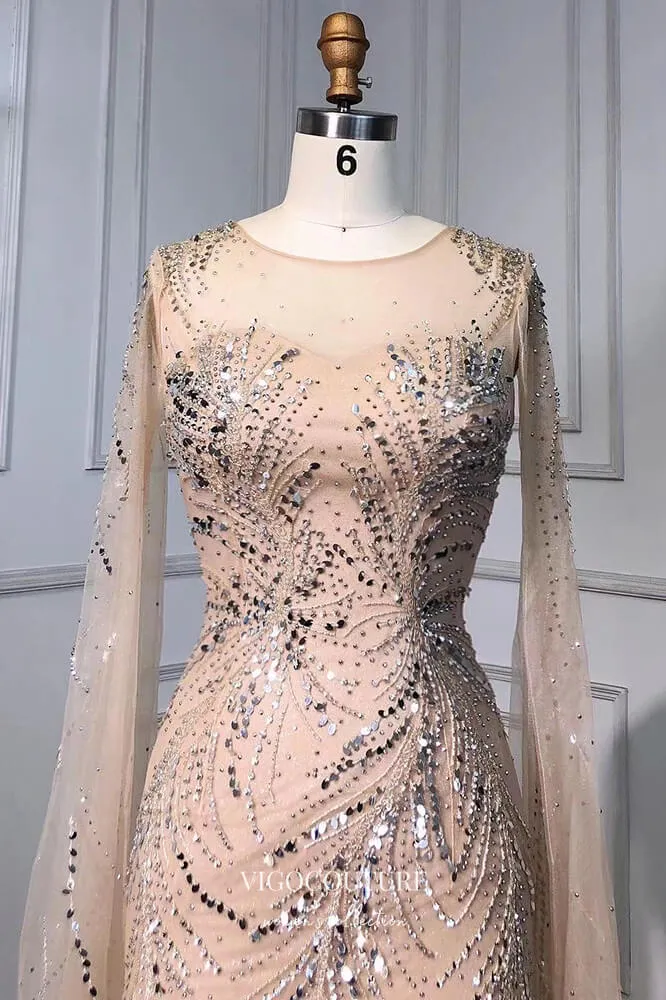 Beaded Mermaid Formal Dresses Removable Cape Sleeve Prom Dress 21629