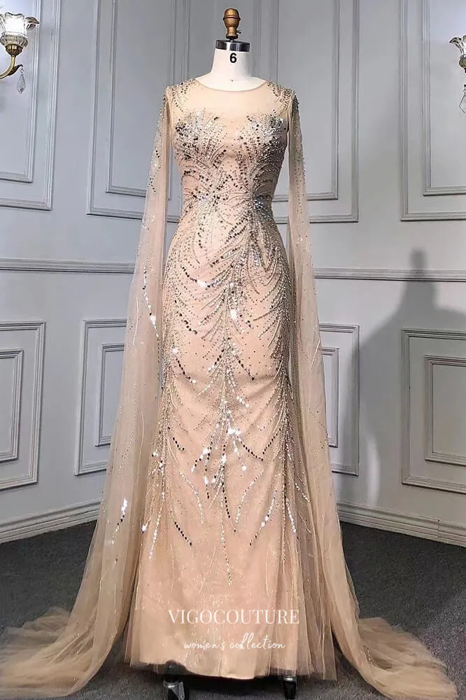 Beaded Mermaid Formal Dresses Removable Cape Sleeve Prom Dress 21629