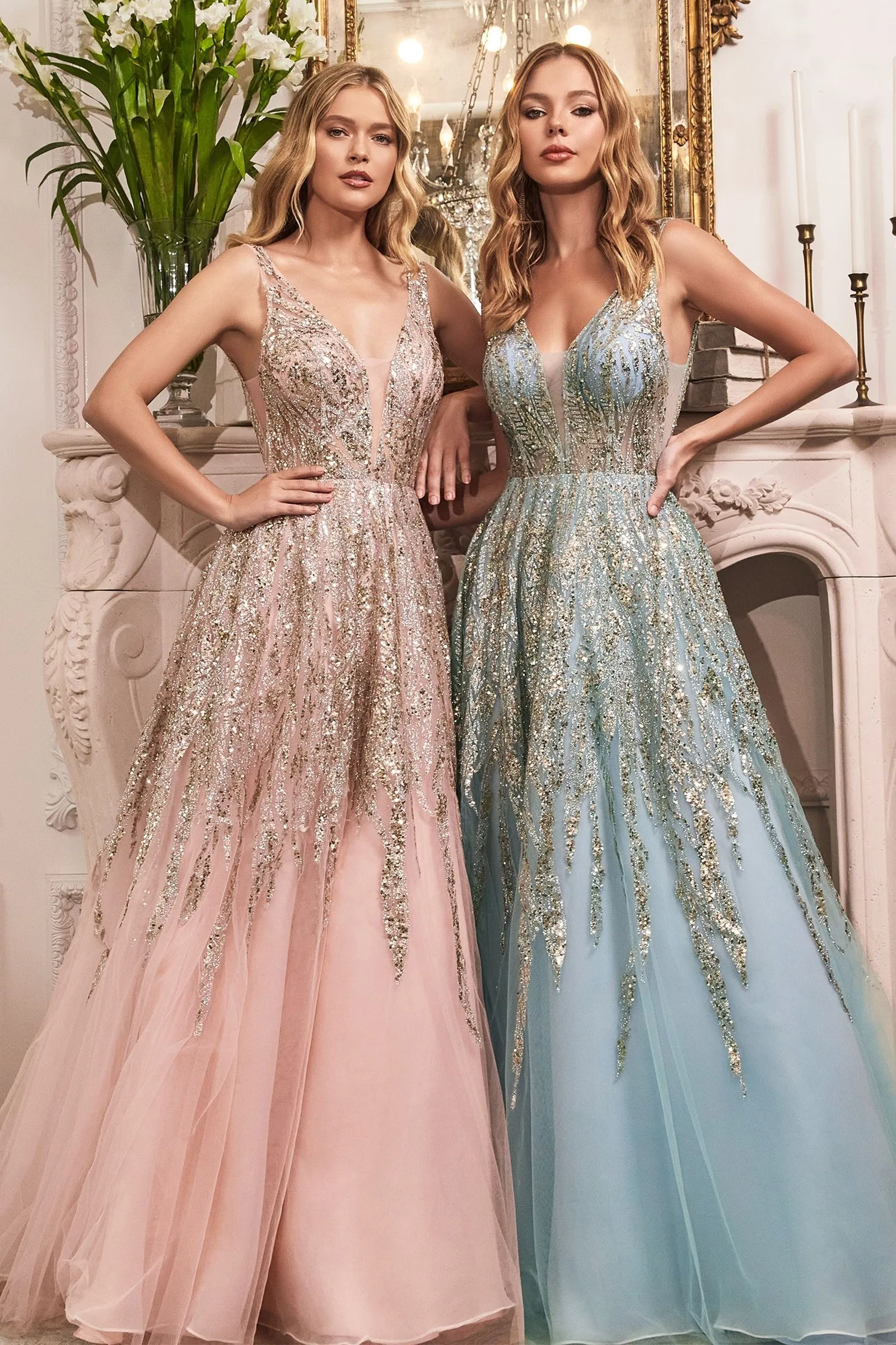 Beaded V-Neckline Beaded Sequin Bodice Layered Tulle A-Line Skirt Long Prom Dress CDC135