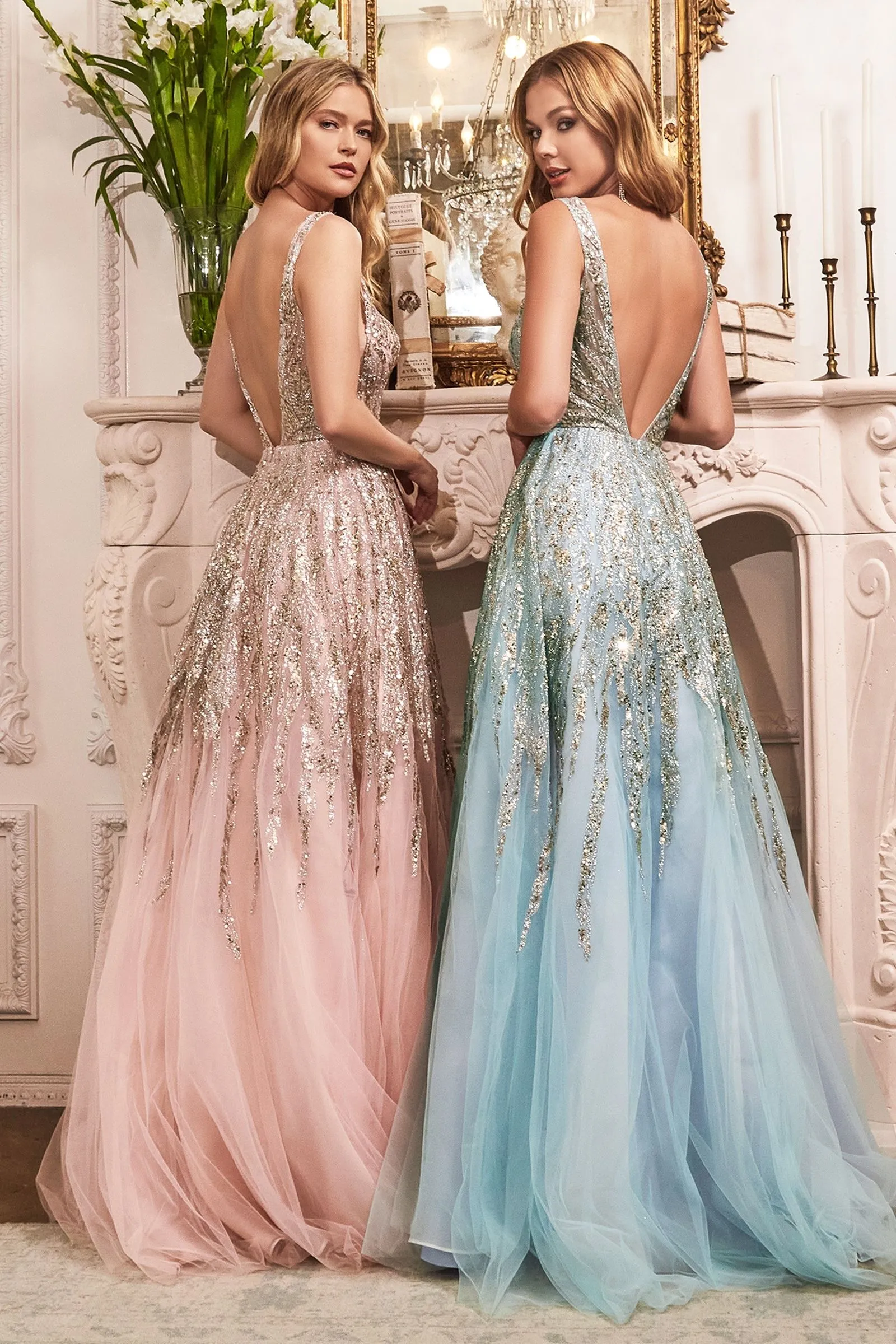 Beaded V-Neckline Beaded Sequin Bodice Layered Tulle A-Line Skirt Long Prom Dress CDC135