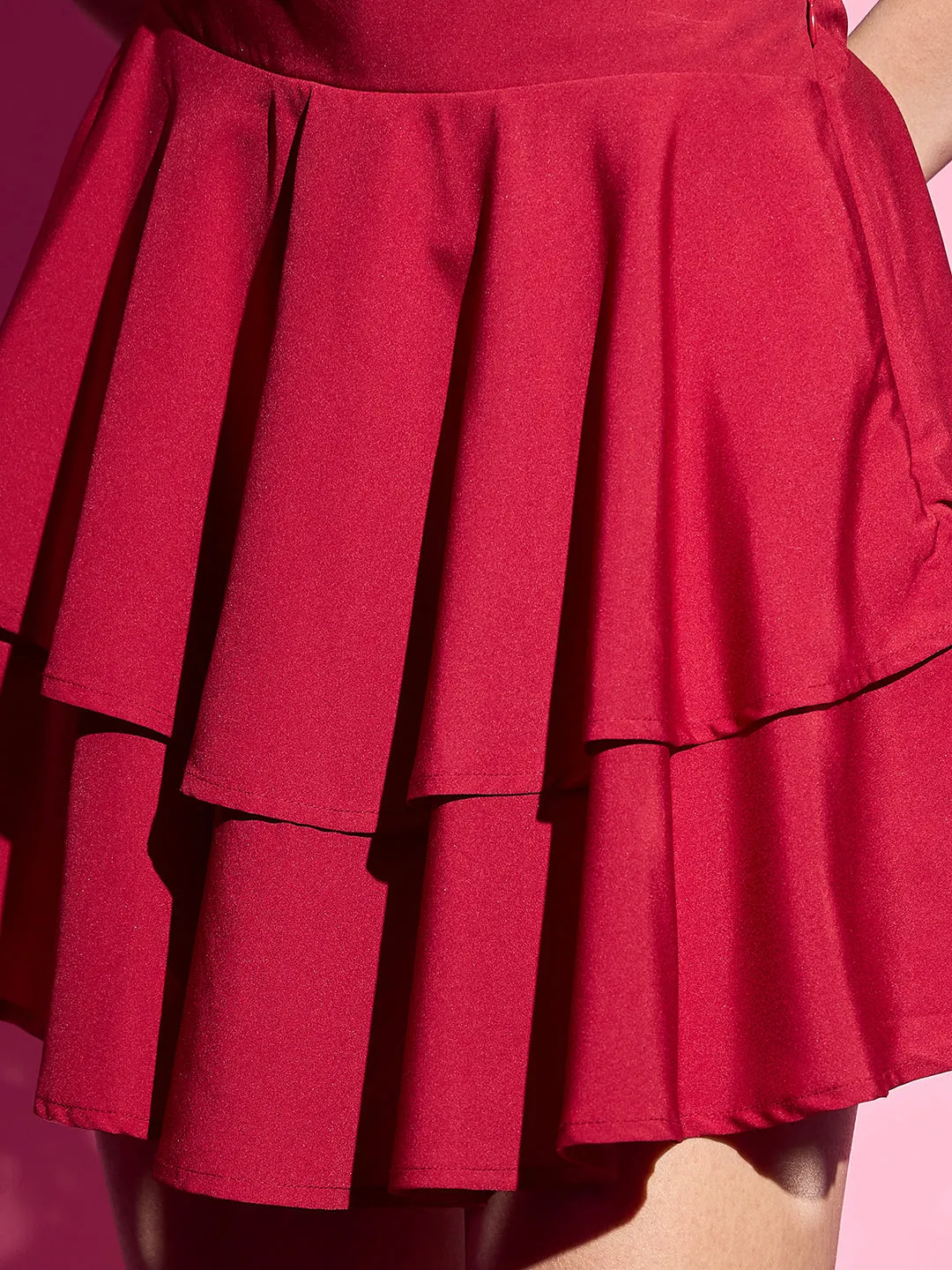 Berrylush Women Red Solid High Rise Layered Flared Mini Skirt