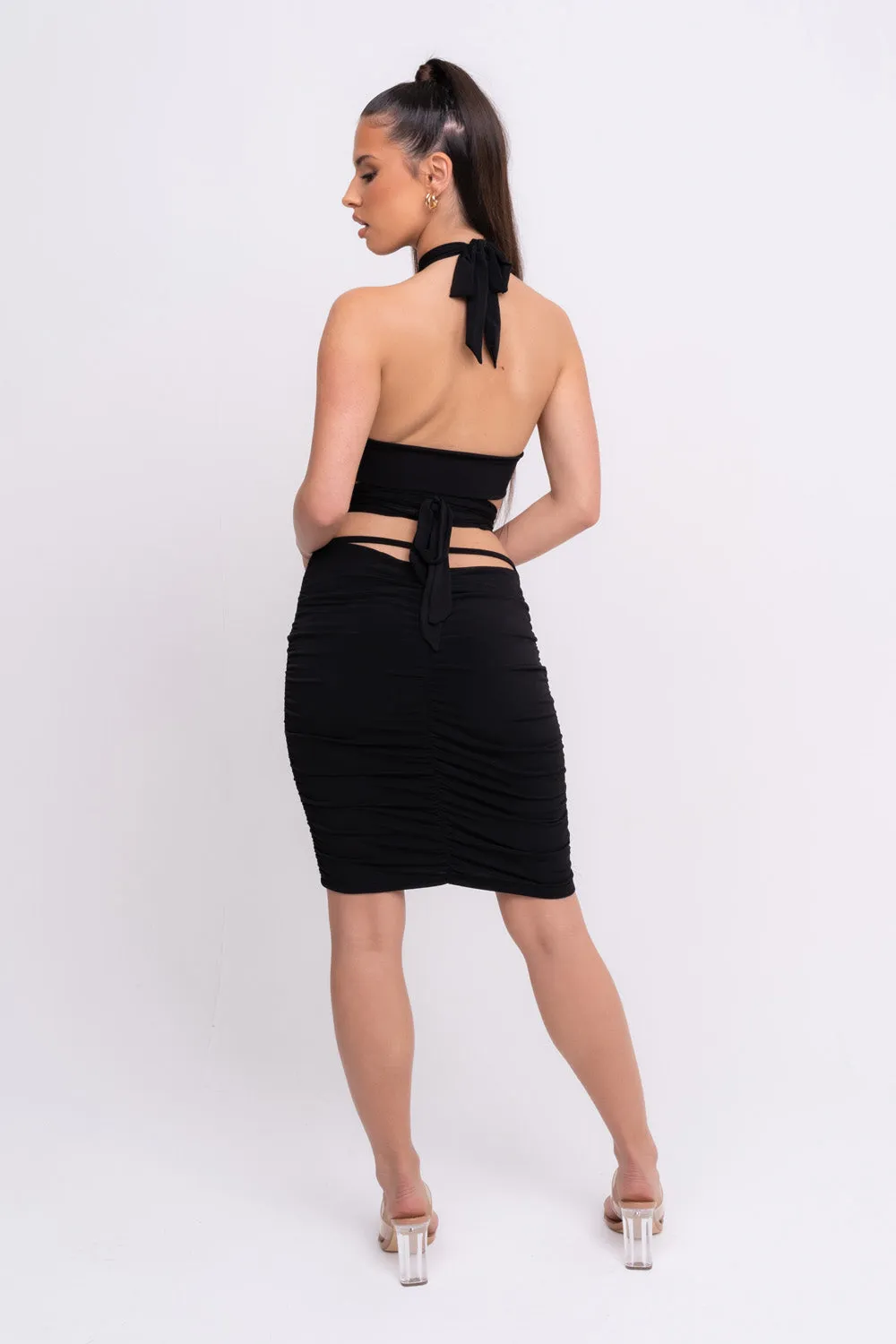 Best Assets Black Slinky Ruched Halterneck Tie Back Two Piece Co-ord Set