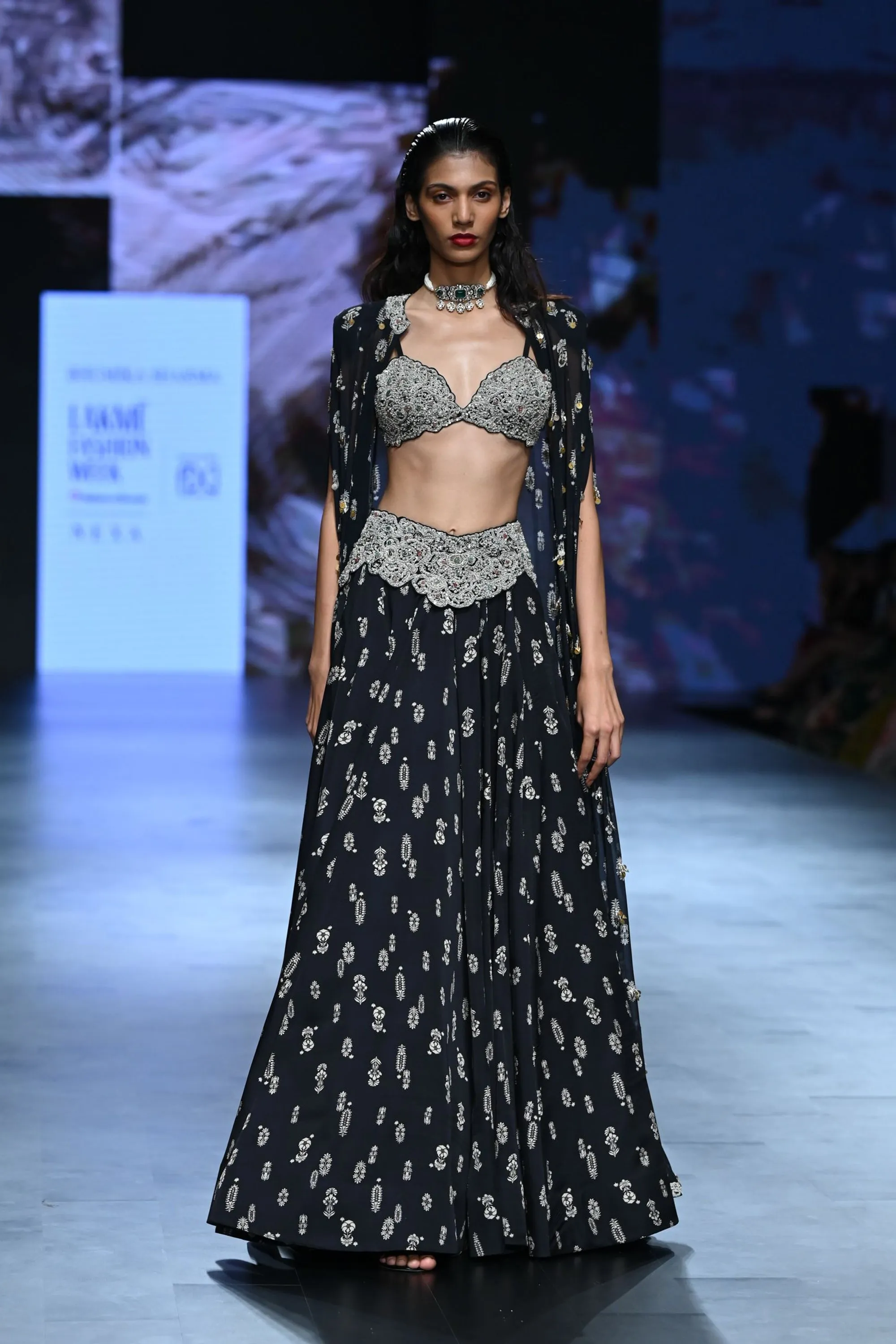 Black Floret Lehenga & Cape Set