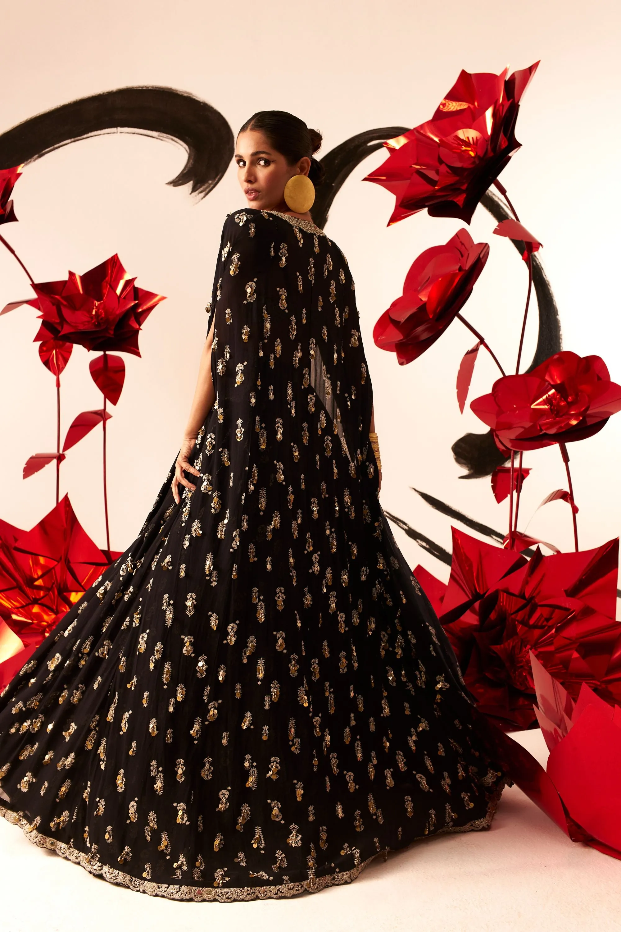 Black Floret Lehenga & Cape Set
