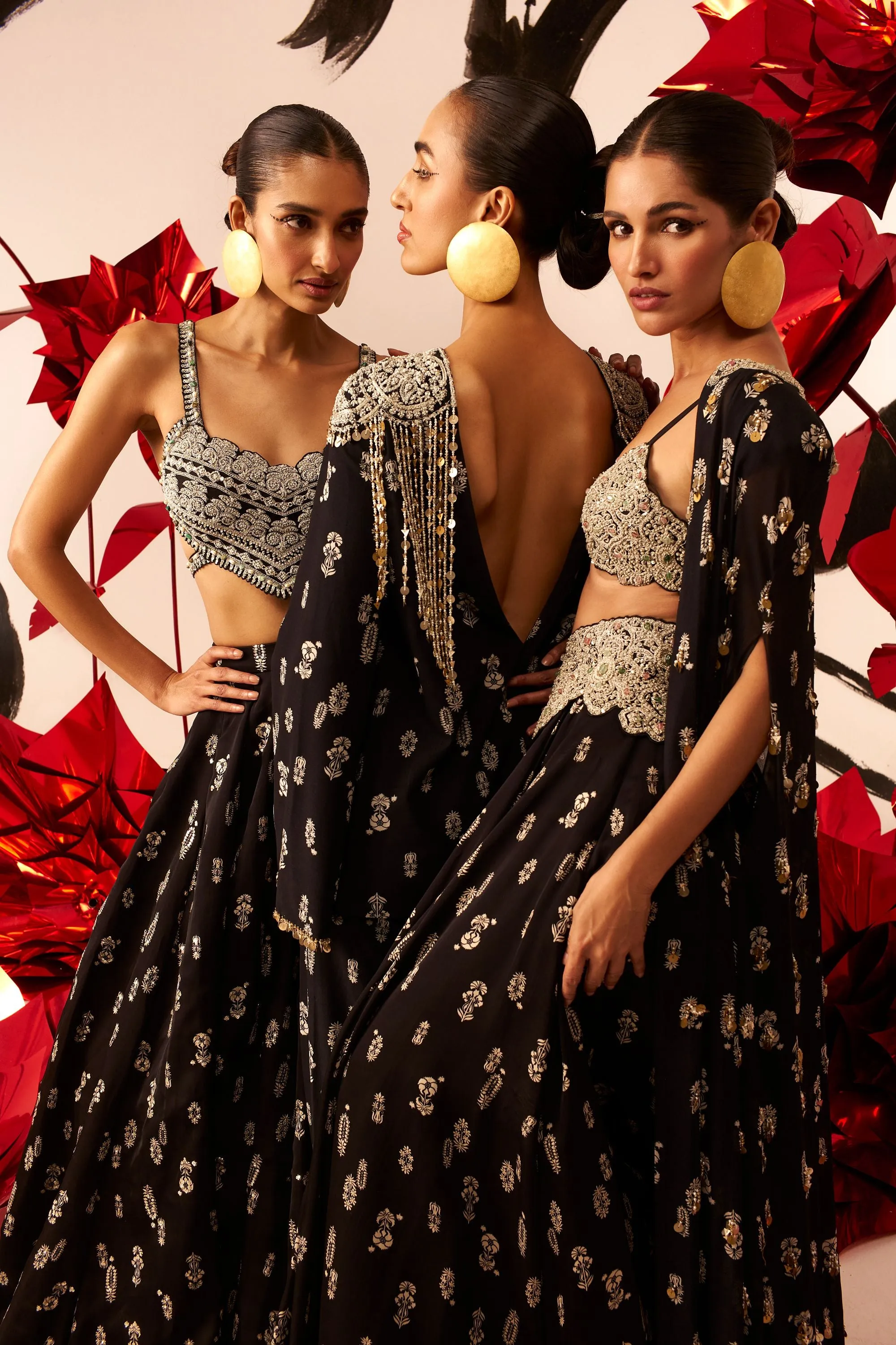 Black Floret Lehenga & Cape Set