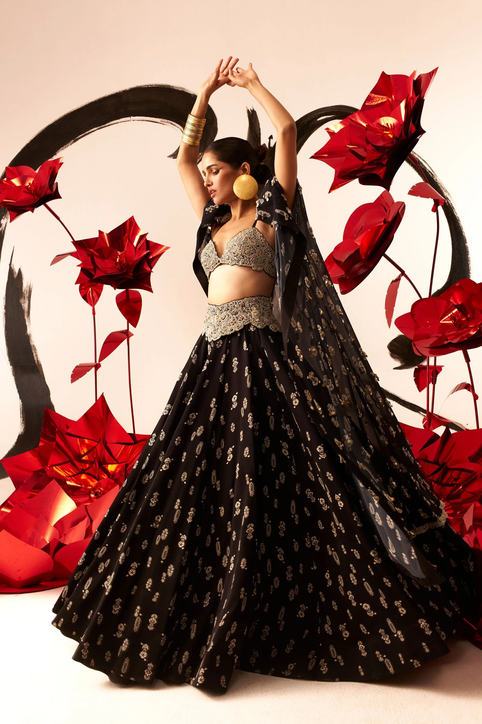 Black Floret Lehenga & Cape Set