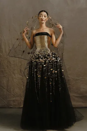 Black Gown with Fitted Gold Bodice and Layered Skirt