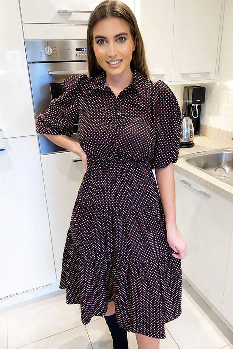 Black Square Printed Button Up Swing Dress