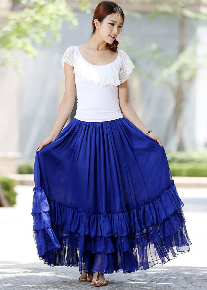 Blue long skirt women skirts maxi chiffon skirt tiered skirt 1018#