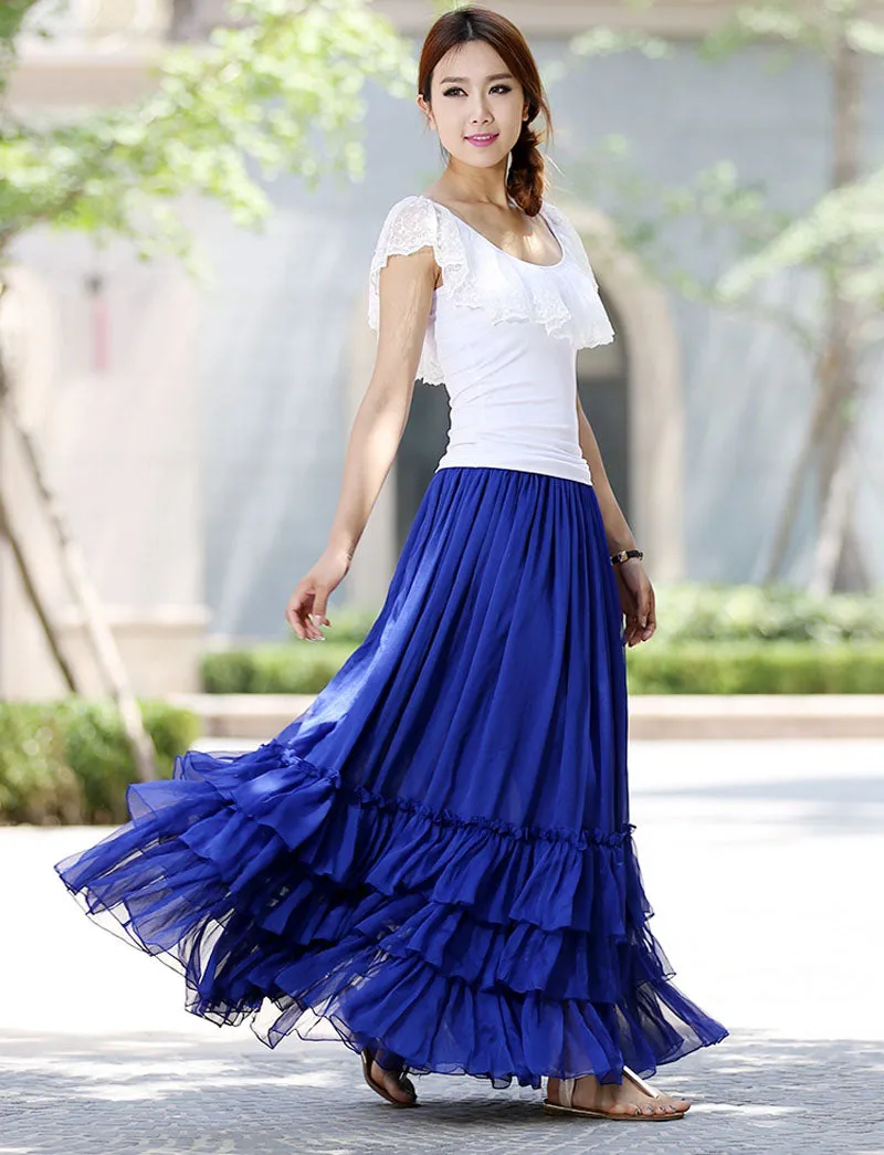 Blue long skirt women skirts maxi chiffon skirt tiered skirt 1018#