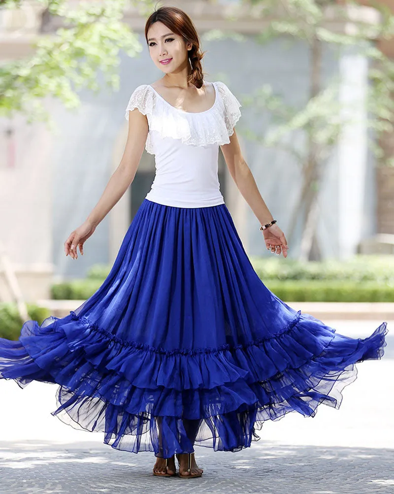 Blue long skirt women skirts maxi chiffon skirt tiered skirt 1018#