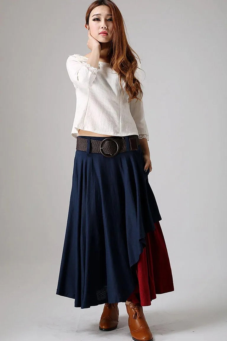 Blue skirt woman  linen skirt custom made layered skirt long skirt 0869#