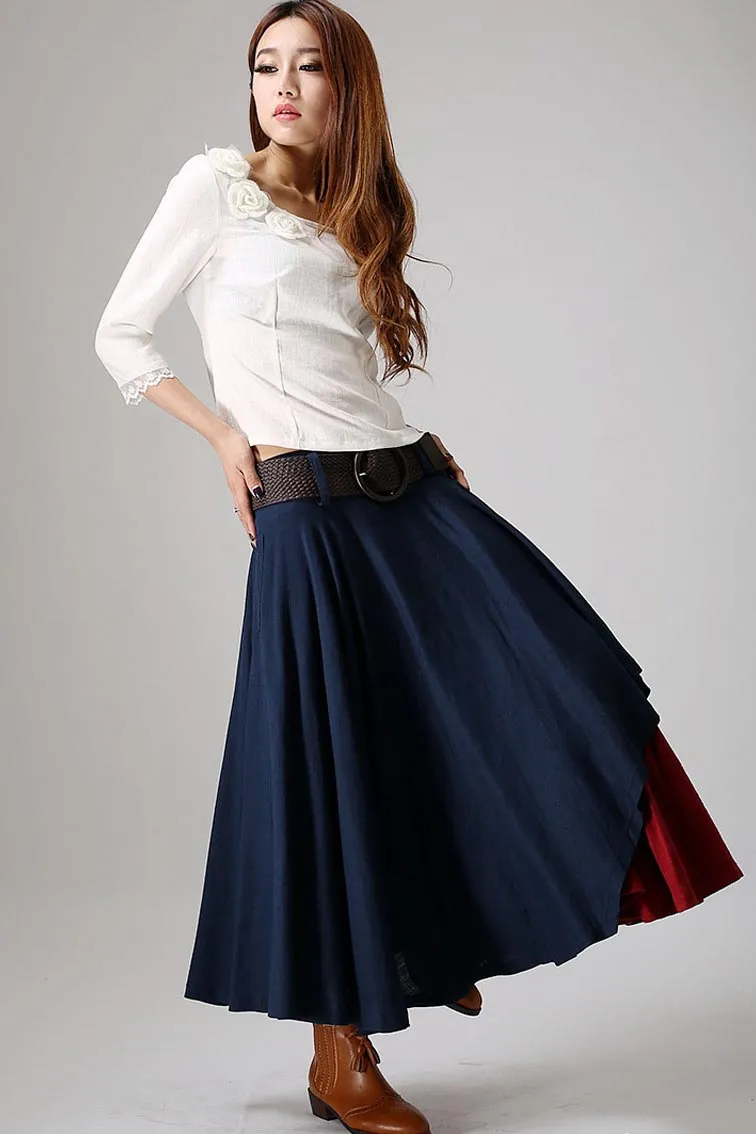 Blue skirt woman  linen skirt custom made layered skirt long skirt 0869#