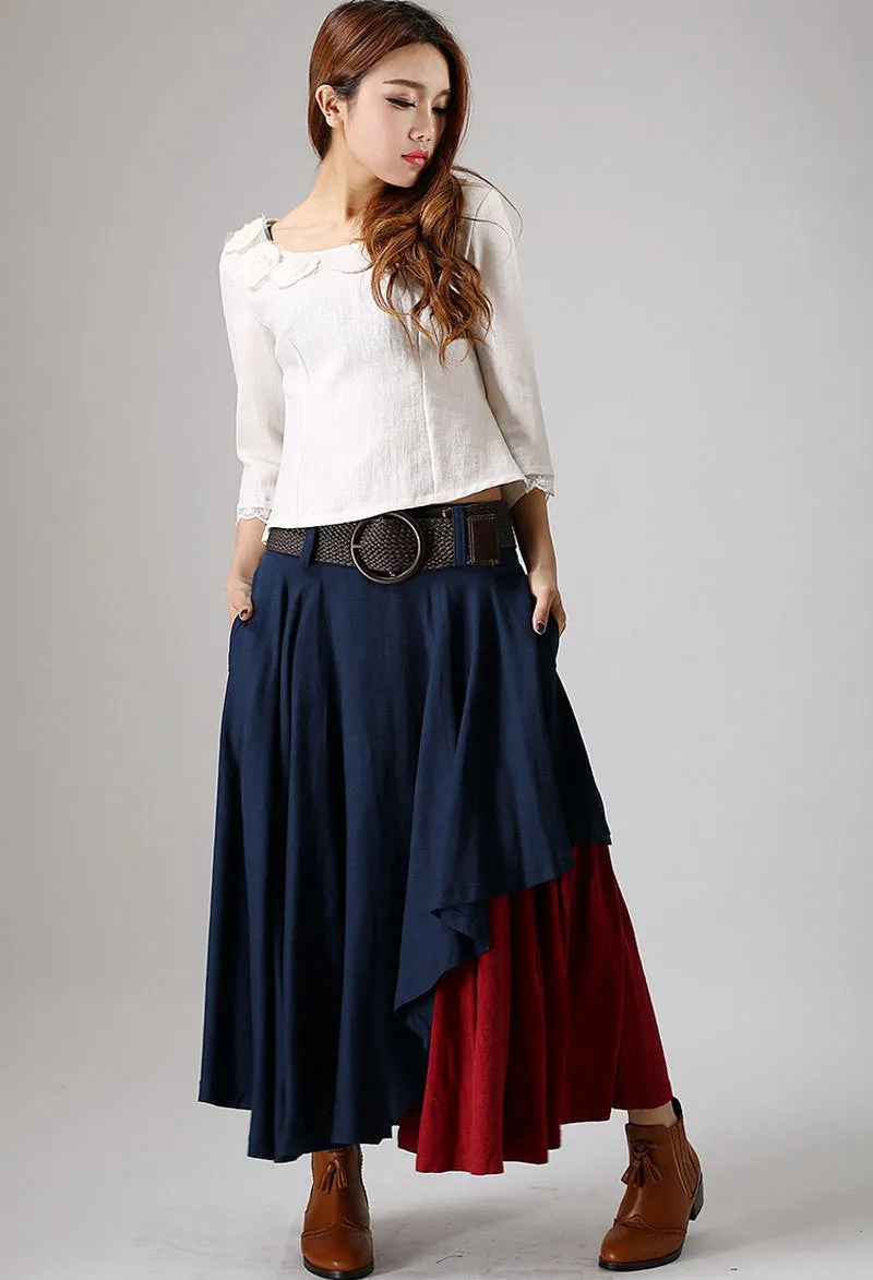 Blue skirt woman  linen skirt custom made layered skirt long skirt 0869#