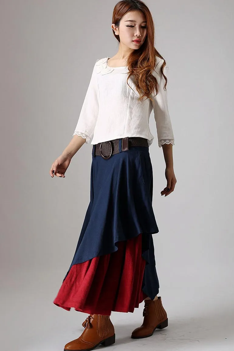 Blue skirt woman  linen skirt custom made layered skirt long skirt 0869#